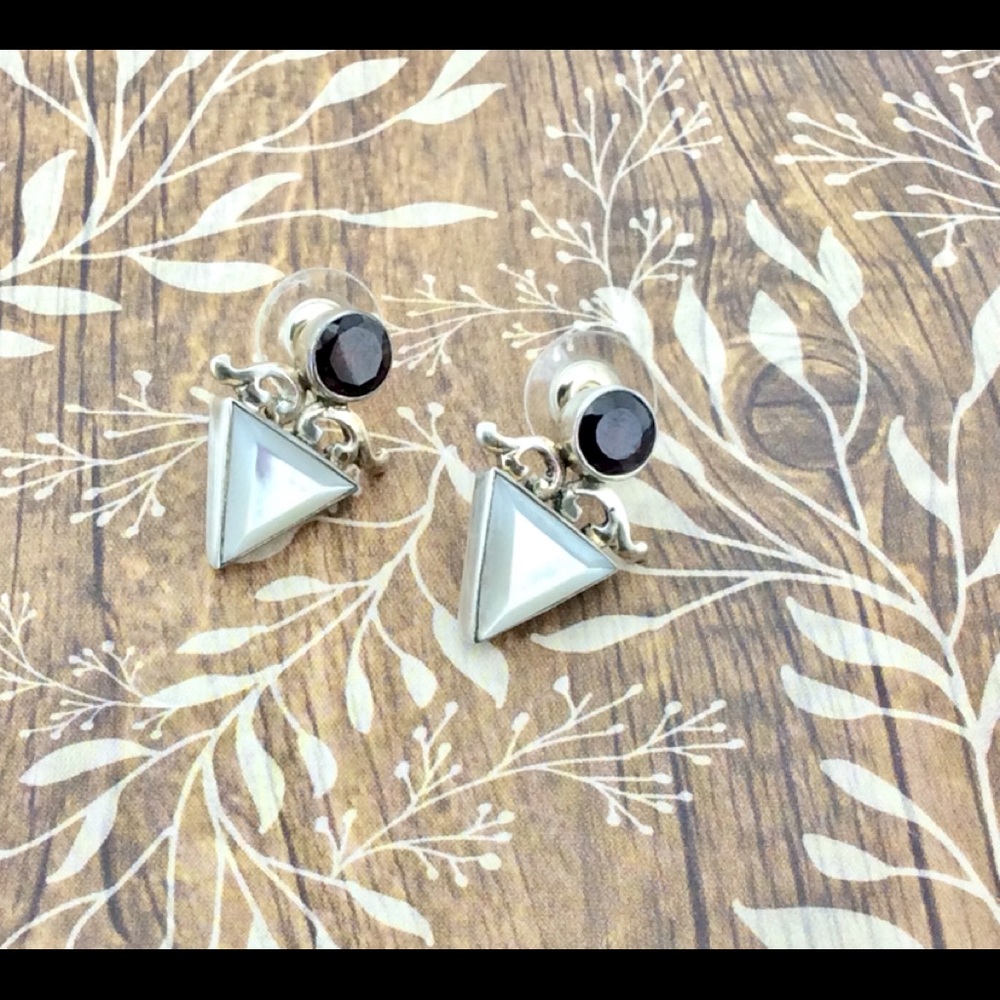 Triangle Mother of Pearl with Garnet Earrings A8